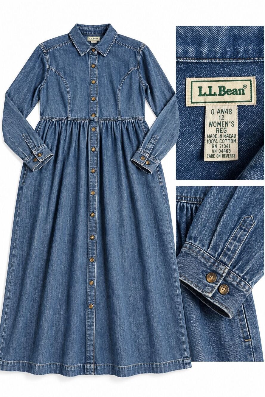 L.L. Bean Vintage Denim Maxi Shirt Dress Button Front Cottagecore Women’s Sz 12